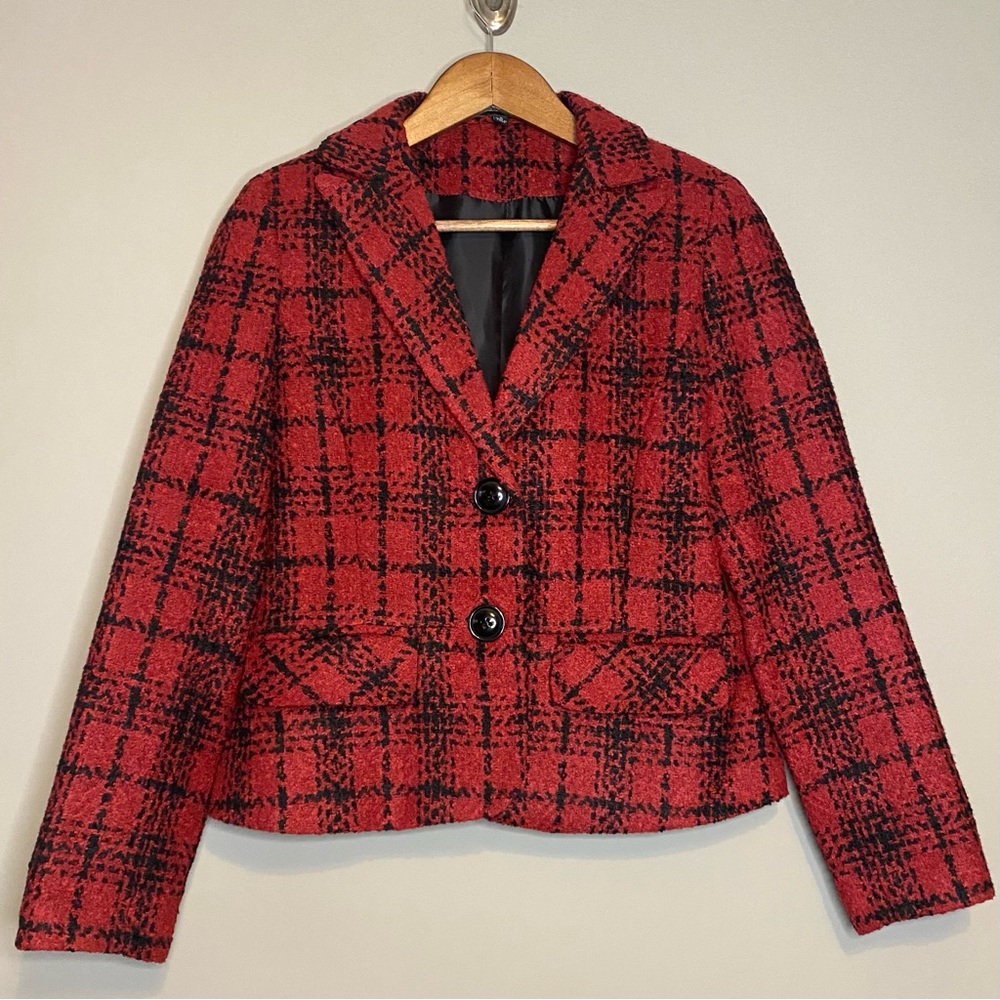 Notations Red and Black Plaid Bouclé Blazer